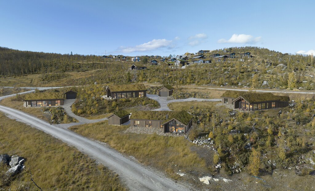 Illustrasjon: Fire flotte vinkelhytter på Kikut.